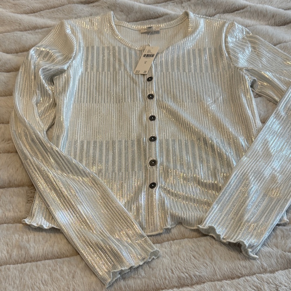 Pilcro Metallic Silver Knit Top